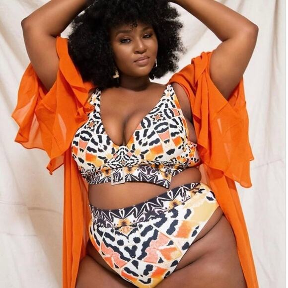 Andrea Iyamah Geometric Print High Rise Bikini Bottom Orange Women's XXXL Swim